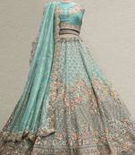 Teal Blue Tissue Silk Partywear Flared Lehenga with Unstitched Blouse
