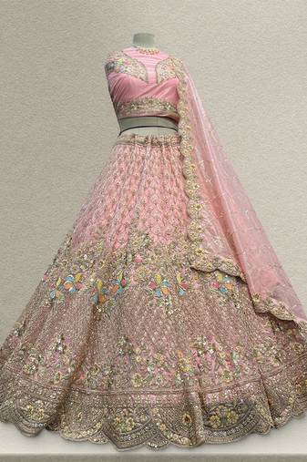 Baby Pink Tissue Silk Partywear Flared Lehenga with Unstitched Blouse