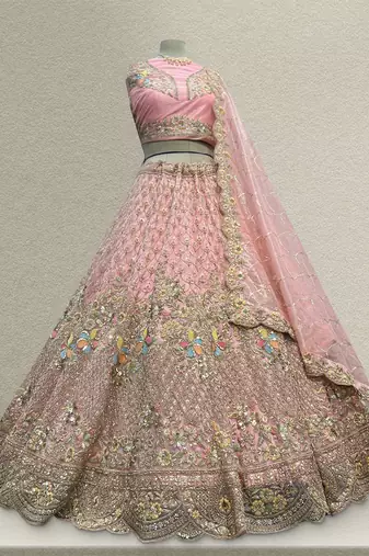 Baby Pink Tissue Silk Partywear Flared Lehenga with Unstitched Blouse