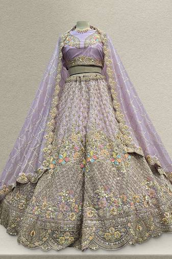 Lavender Tissue Silk Partywear Flared Lehenga with Unstitched Blouse