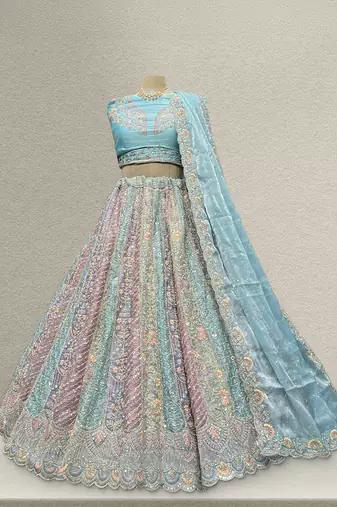 Multicolor Kali Tissue Silk Partywear Flared Lehenga with Unstitched Blouse