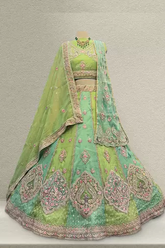 Green Zari Resham Tissue Work Lehenga with Unstitched Blouse