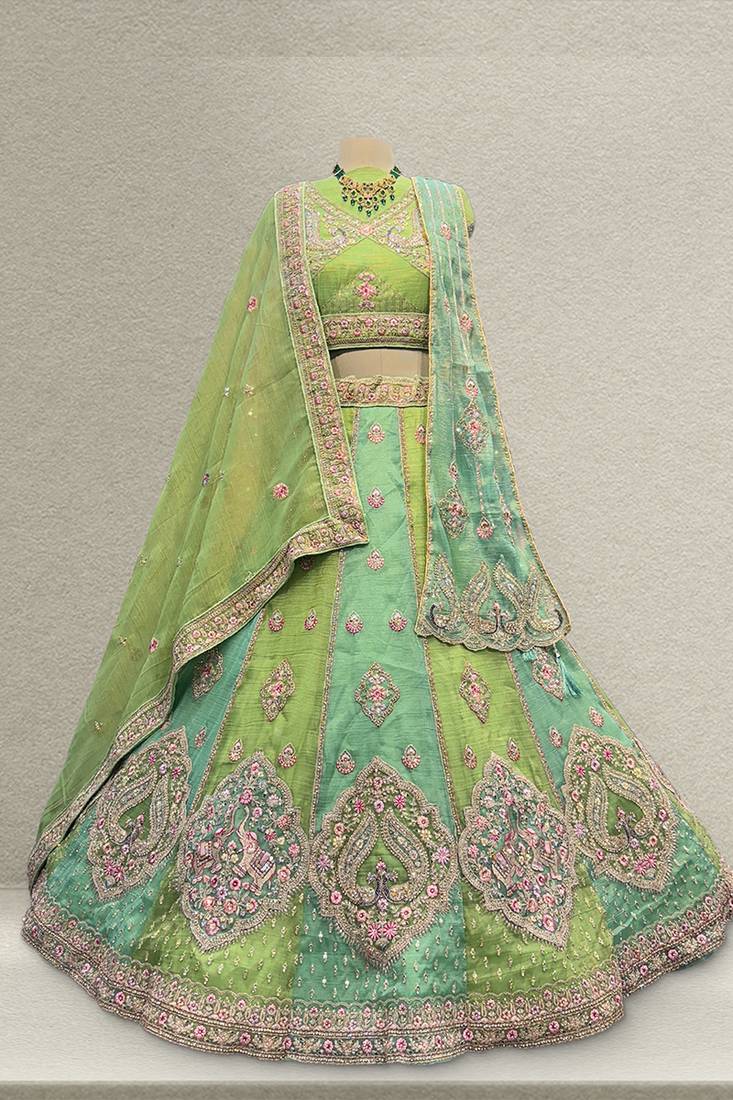 Green Zari Resham Tissue Work Lehenga with Unstitched Blouse