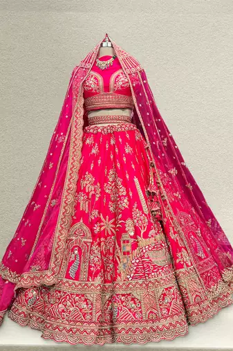 Rani Pink Raw Silk Bridal Lehenga with unstitched blouse