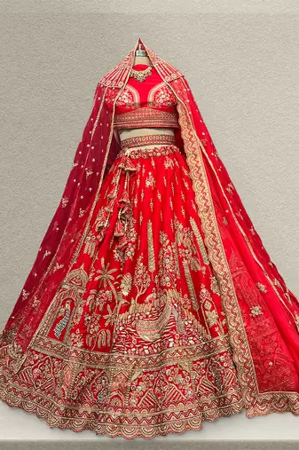 Royal Red Raw Silk Bridal Lehenga with unstitched blouse