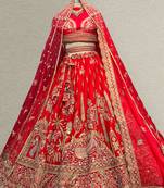 Royal Red Raw Silk Bridal Lehenga with unstitched blouse
