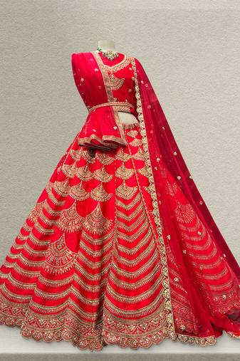 Royal Red Raw Silk Bridal Lehenga with unstitched blouse