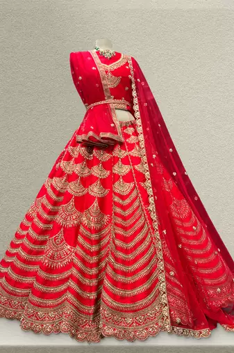 Royal Red Raw Silk Bridal Lehenga with unstitched blouse