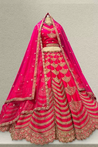 Rani Pink Raw Silk Bridal Lehenga with unstitched blouse