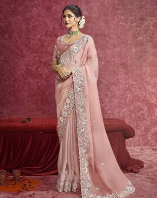 Peach sequin embroidery saree soft feminine elegance 1