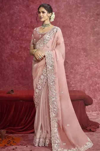 Peach sequin embroidery saree     soft, feminine elegance