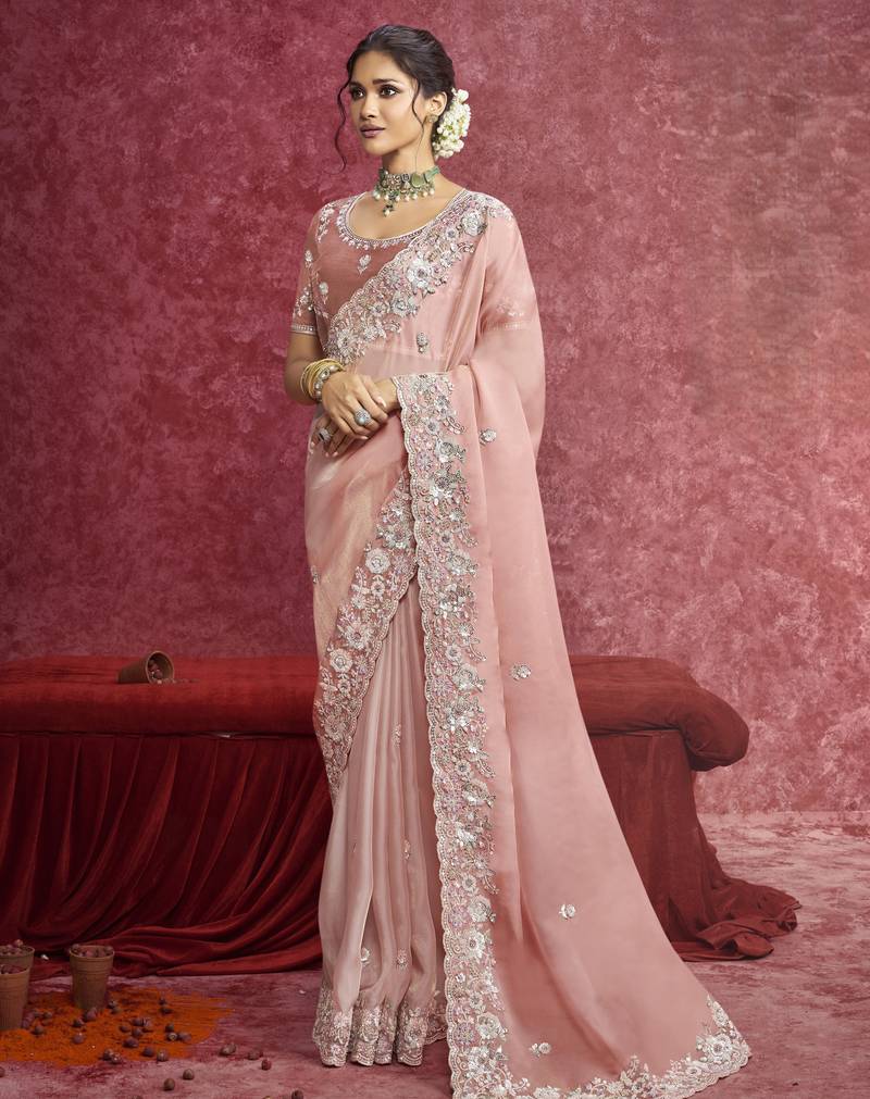 Peach sequin embroidery saree     soft, feminine elegance
