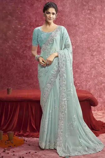 Sky-blue sequin embroidery saree     fresh & graceful