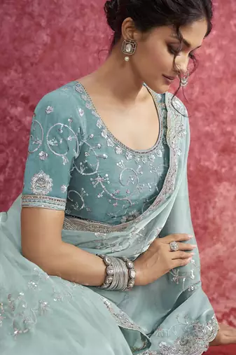 Sky-blue sequin embroidery saree fresh & graceful