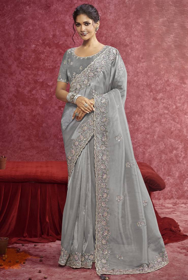 Gray sequin embroidery saree – chic & sophisticated