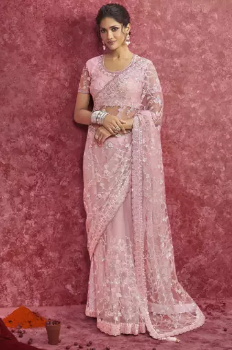 Pink net sequin embroidery saree     classic celebration shade