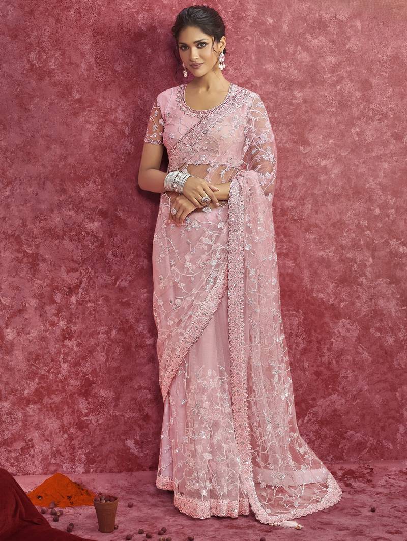 Pink net sequin embroidery saree     classic celebration shade