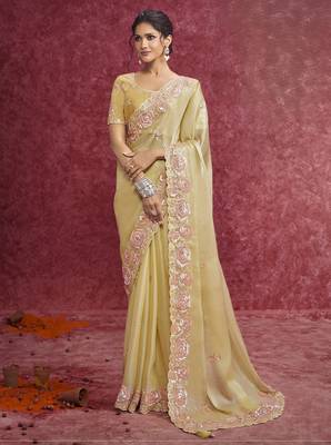 Yellow sequin embroidery saree vibrant festive glow 1