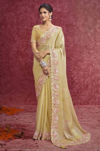 Yellow sequin embroidery saree     vibrant festive glow