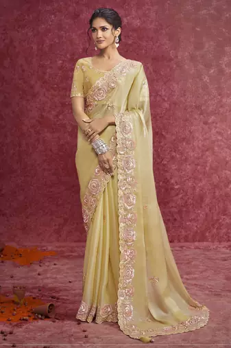 Yellow sequin embroidery saree     vibrant festive glow