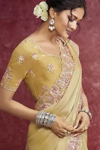 Yellow sequin embroidery saree vibrant festive glow