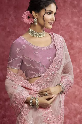 Pink sequin embroidery saree classic celebration shade