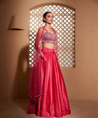 Hot Pink plain Satin Lehenga 1