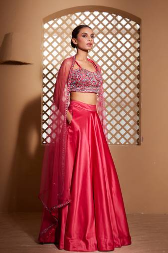 Hot Pink plain Satin Lehenga