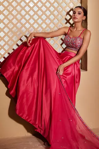 Hot Pink plain Satin Lehenga