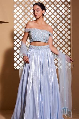 Blue plain Organza Lehenga