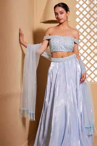 Blue plain Organza Lehenga