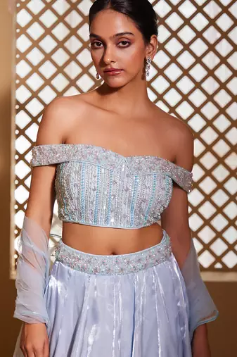 Blue plain Organza Lehenga