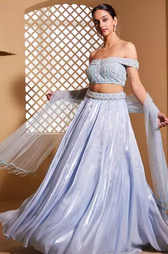 Blue plain Organza Lehenga