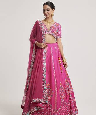 Magenta Pink embroidered Net Lehenga 1