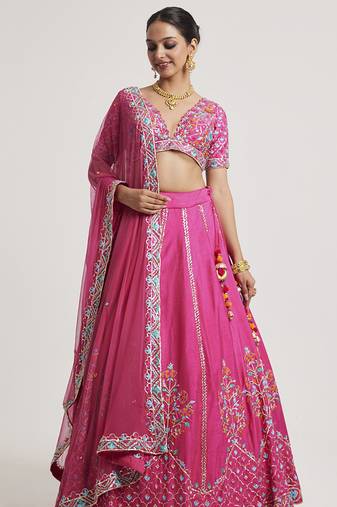 Magenta Pink embroidered Net Lehenga