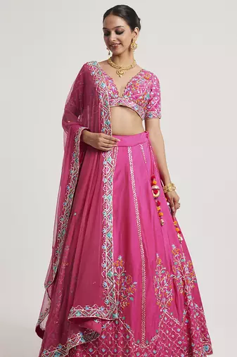 Magenta Pink embroidered Net Lehenga