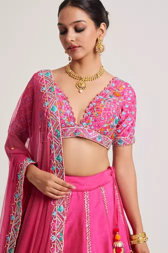 Magenta Pink embroidered Net Lehenga