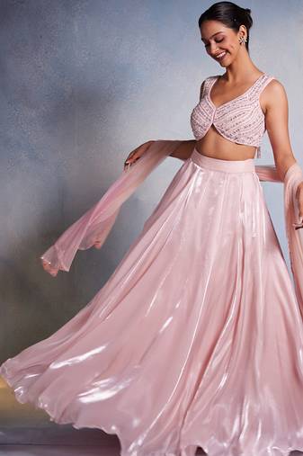 pink plain Organza Lehenga