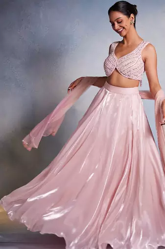 pink plain Organza Lehenga
