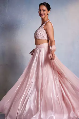 pink plain Organza Lehenga
