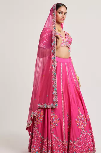 Magenta Pink embroidered Net Lehenga