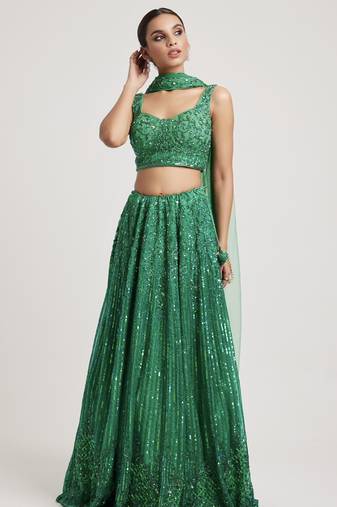 green embroidered Organza Lehenga