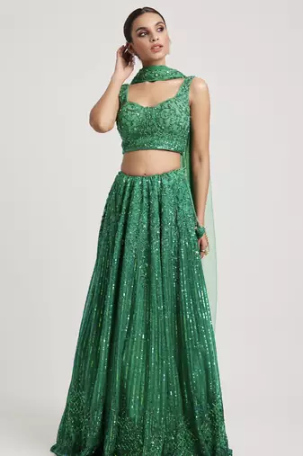 green embroidered Organza Lehenga