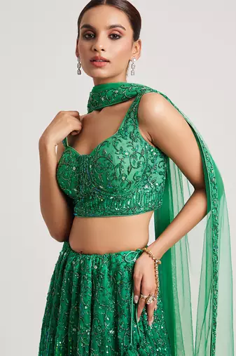green embroidered Organza Lehenga