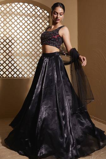 Black plain Organza Lehenga