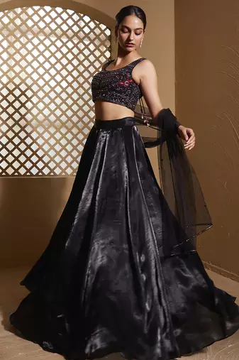 Black plain Organza Lehenga