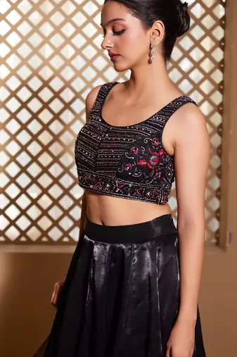 Black plain Organza Lehenga