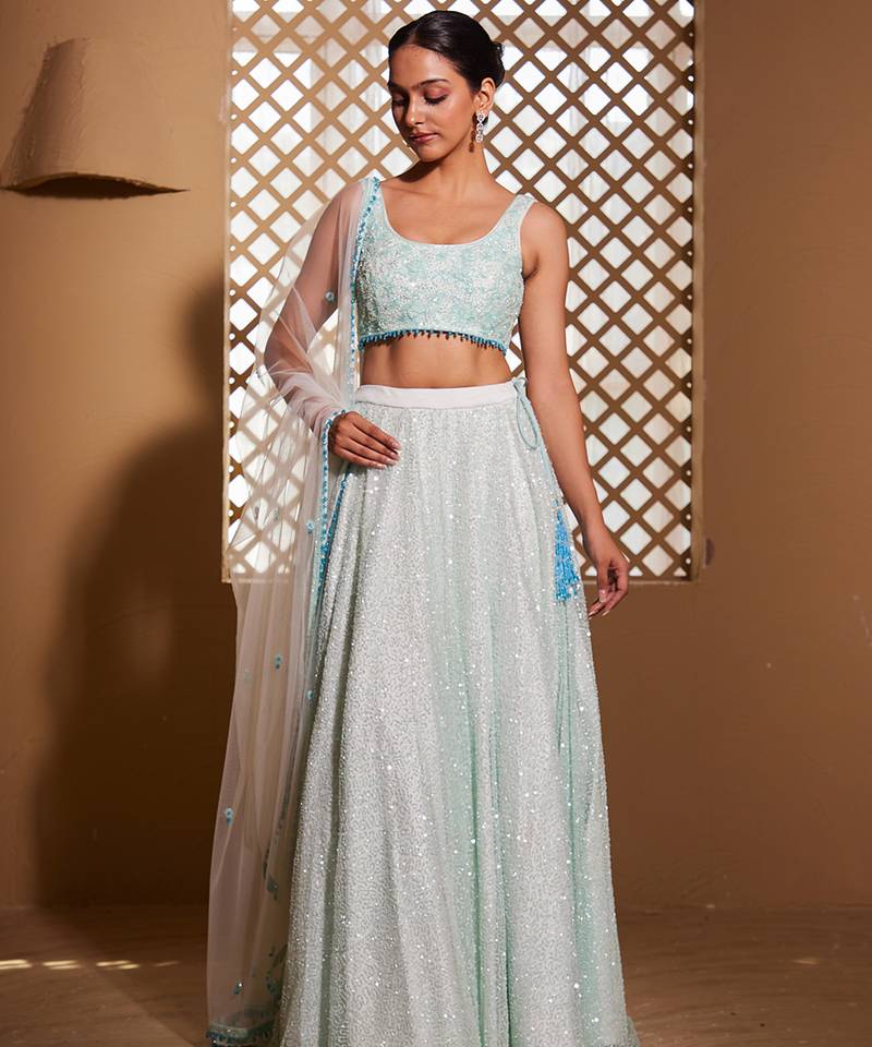 sea green embroidered Net Lehenga