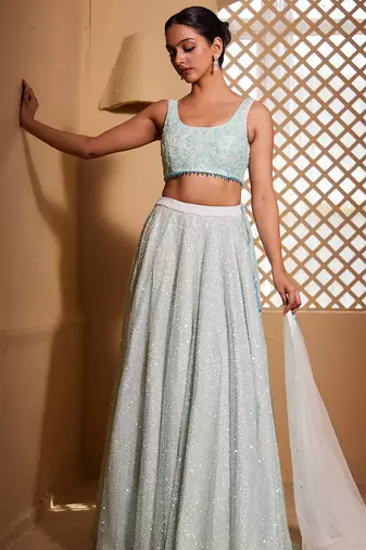 sea green embroidered Net Lehenga