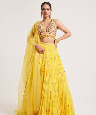 Mustard Yellow embroidered Georgette Lehenga 1